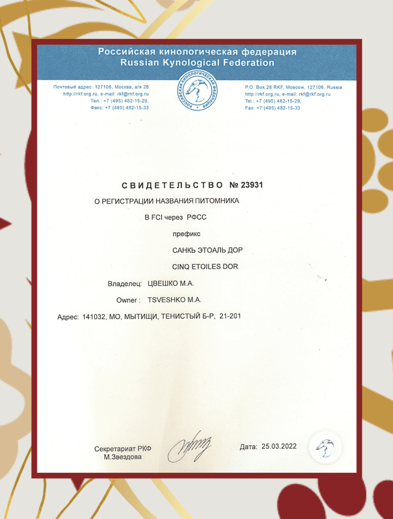 Свидетельство о регистрации питомника CINQ ÉTOILES D’OR в РКФ и FCI