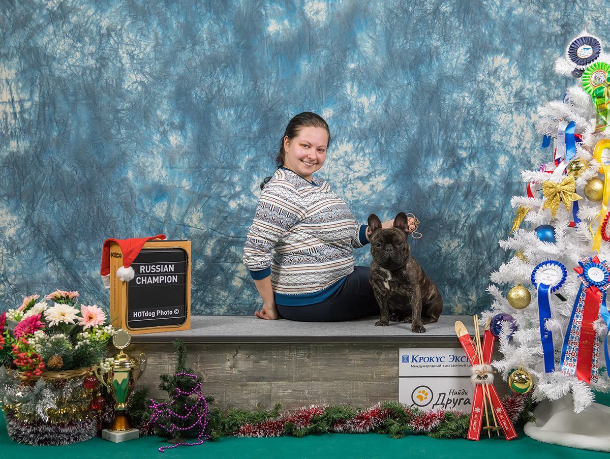 Гера сидит на студийном подиуме рядом с хендлером