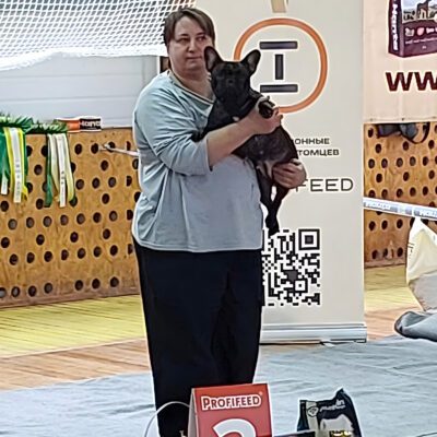 Иштар на руках у хендлера в ринге, позади стенд выставки