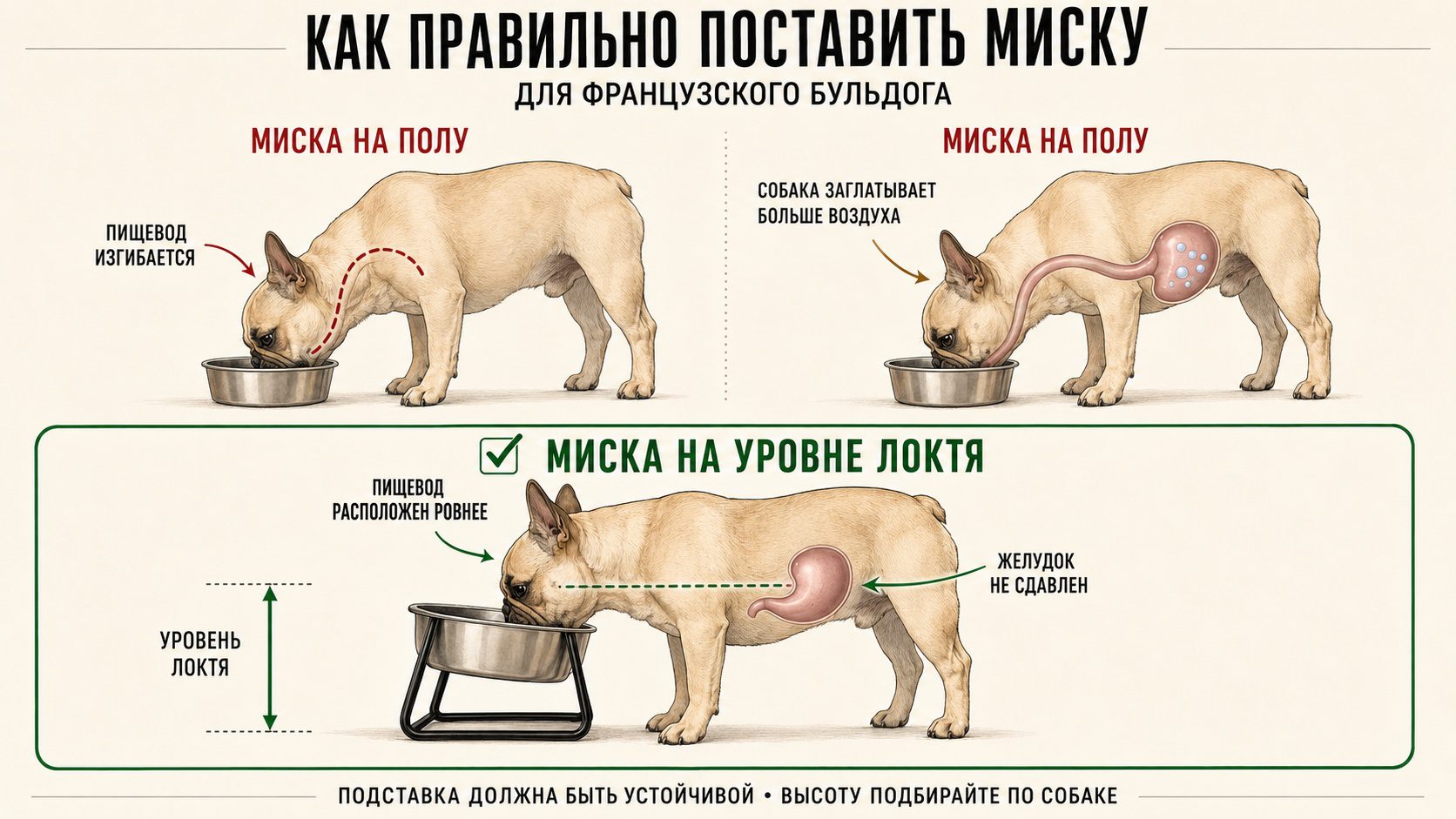 Схема из трёх рисунков: при миске на полу пищевод французского бульдога изгибается и собака заглатывает больше воздуха; при миске на уровне локтя пищевод расположен ровнее, а желудок не сдавлен